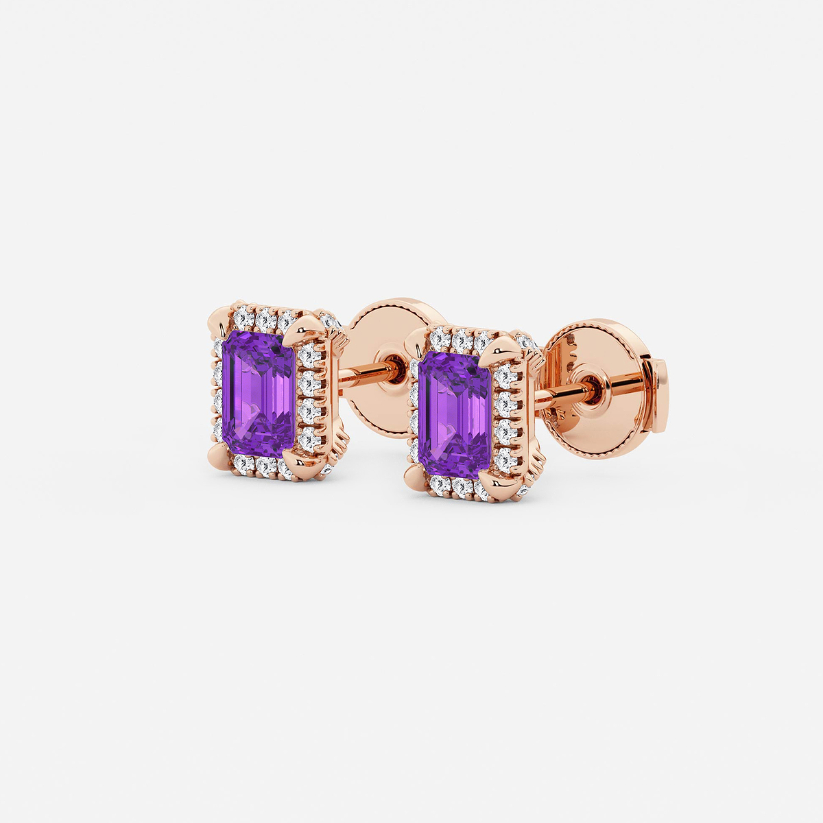Additional Image 1 for  6x4 mm Emerald Cut Created Amethyst and 1/4 ctw Round Lab Grown Diamond Shadow Halo Stud Earrings