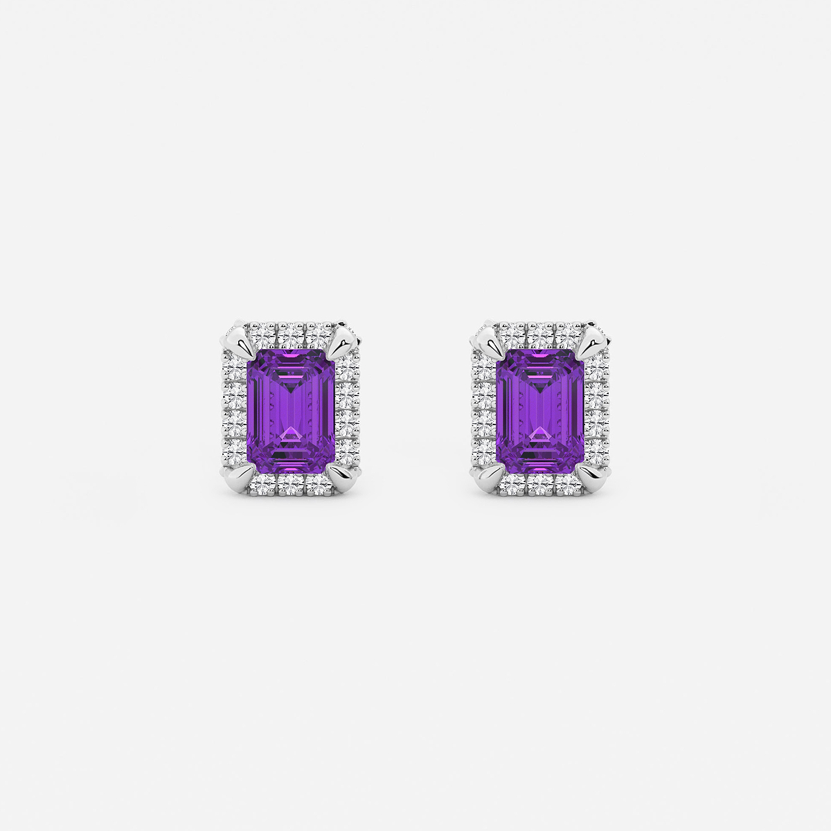 6x4 mm Emerald Cut Created Amethyst and 1/4 ctw Round Lab Grown Diamond Shadow Halo Stud Earrings