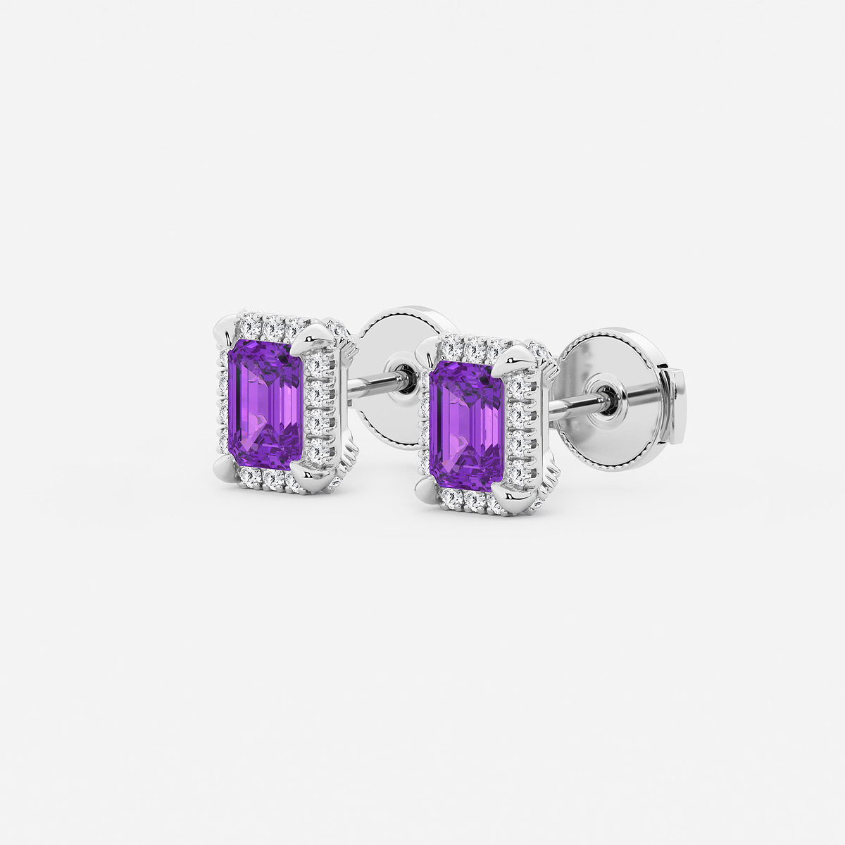 Additional Image 1 for  6x4 mm Emerald Cut Created Amethyst and 1/4 ctw Round Lab Grown Diamond Shadow Halo Stud Earrings