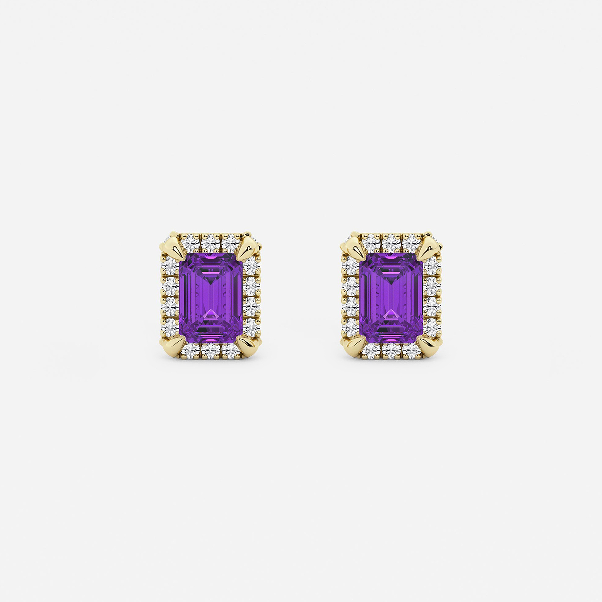 6x4 mm Emerald Cut Created Amethyst and 1/4 ctw Round Lab Grown Diamond Shadow Halo Stud Earrings