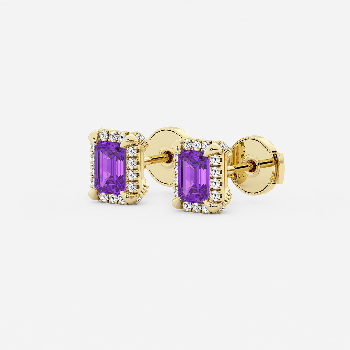 Additional Image 1 for  6x4 mm Emerald Cut Created Amethyst and 1/4 ctw Round Lab Grown Diamond Shadow Halo Stud Earrings