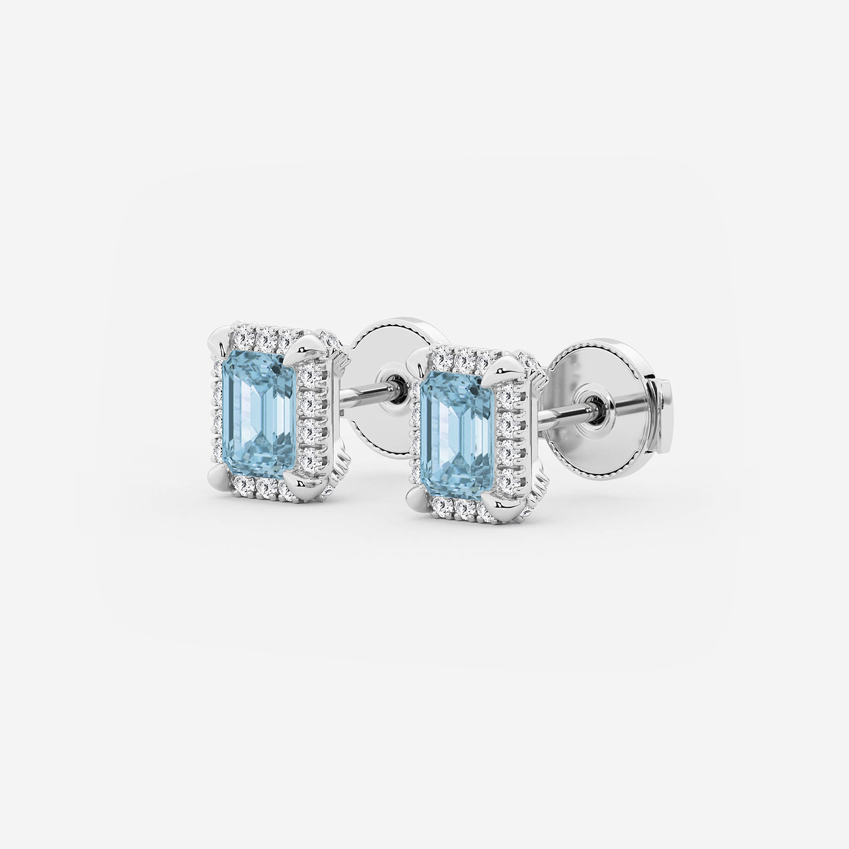Additional Image 1 for  6x4 mm Emerald Cut Created Aquamarine and 1/4 ctw Round Lab Grown Diamond Shadow Halo Stud Earrings