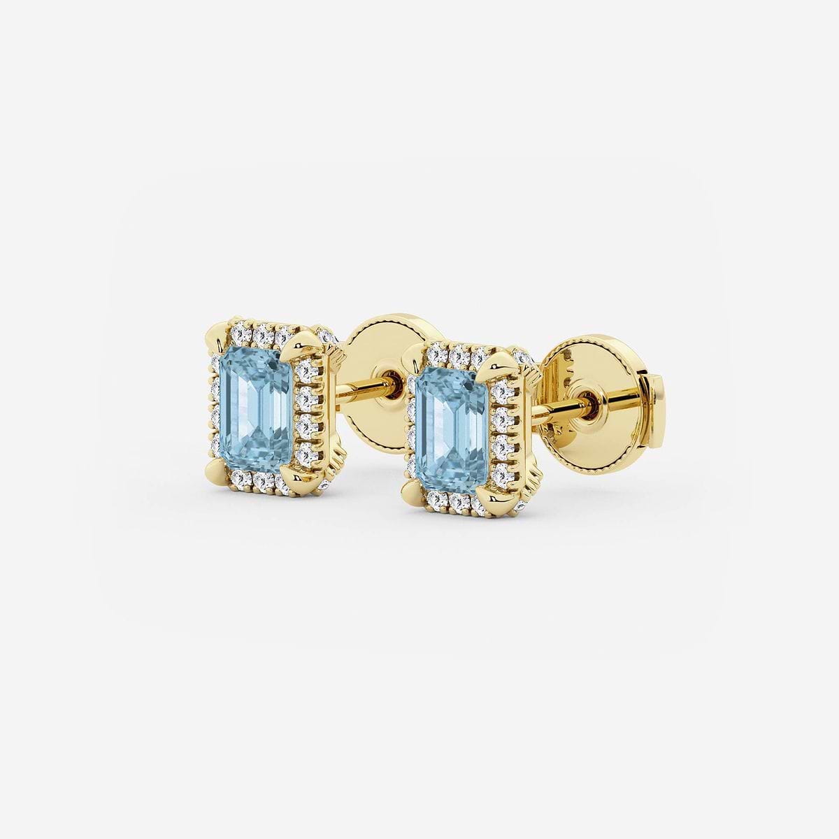5.4x3.8 mm Emerald Cut Created Aquamarine and 1/5 ctw Round Lab Grown Diamond Shadow Halo Stud Earrings 14K Yellow Gold