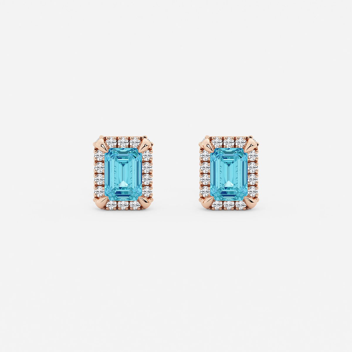 6x4 mm Emerald Cut Created Blue Topaz and 1/4 ctw Round Lab Grown Diamond Shadow Halo Stud Earrings