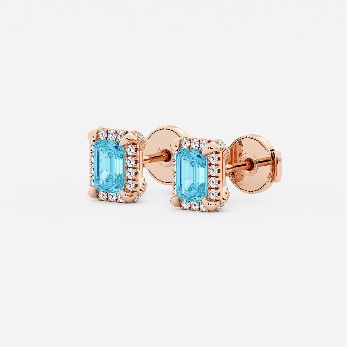Additional Image 1 for  6x4 mm Emerald Cut Created Blue Topaz and 1/4 ctw Round Lab Grown Diamond Shadow Halo Stud Earrings