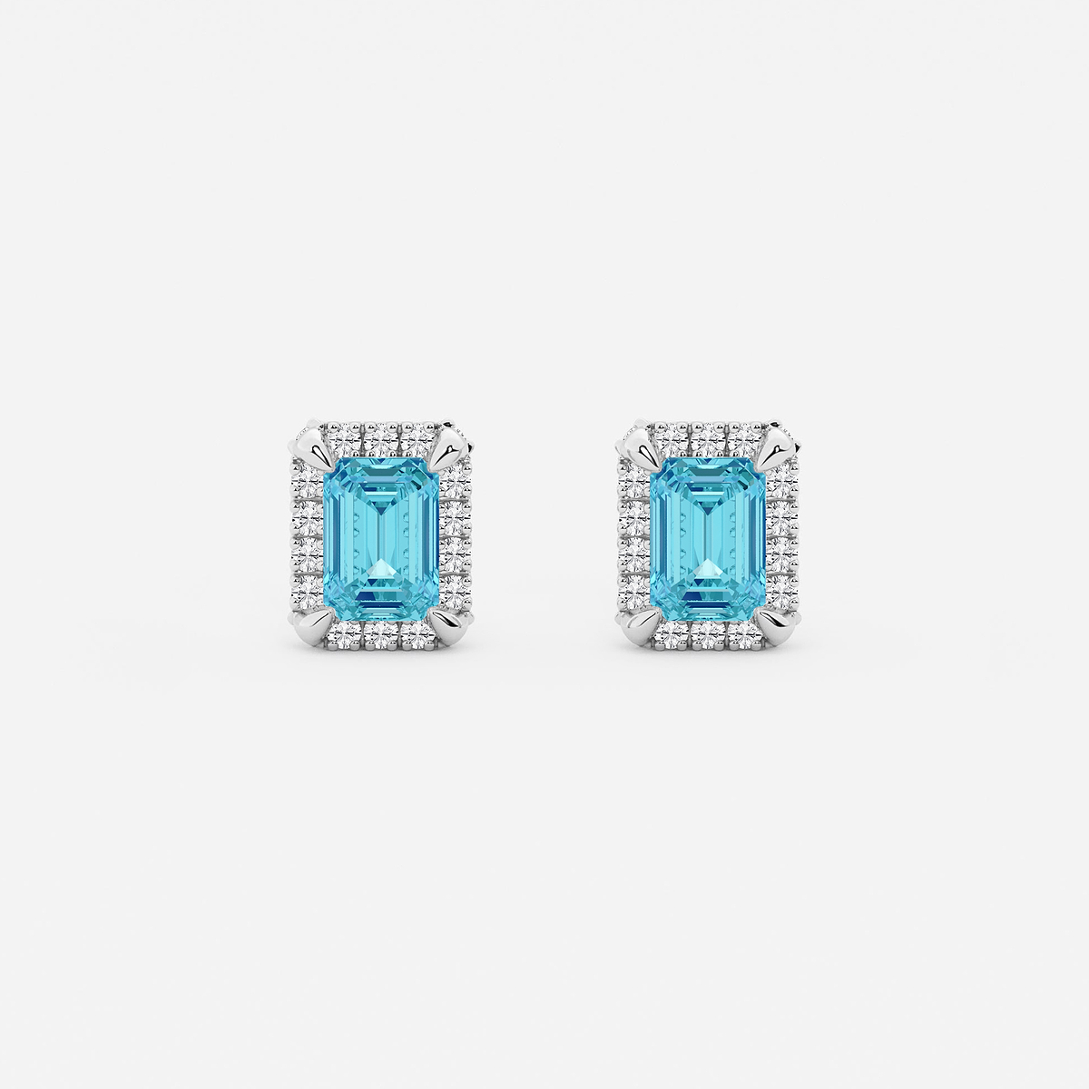 6x4 mm Emerald Cut Created Blue Topaz and 1/4 ctw Round Lab Grown Diamond Shadow Halo Stud Earrings
