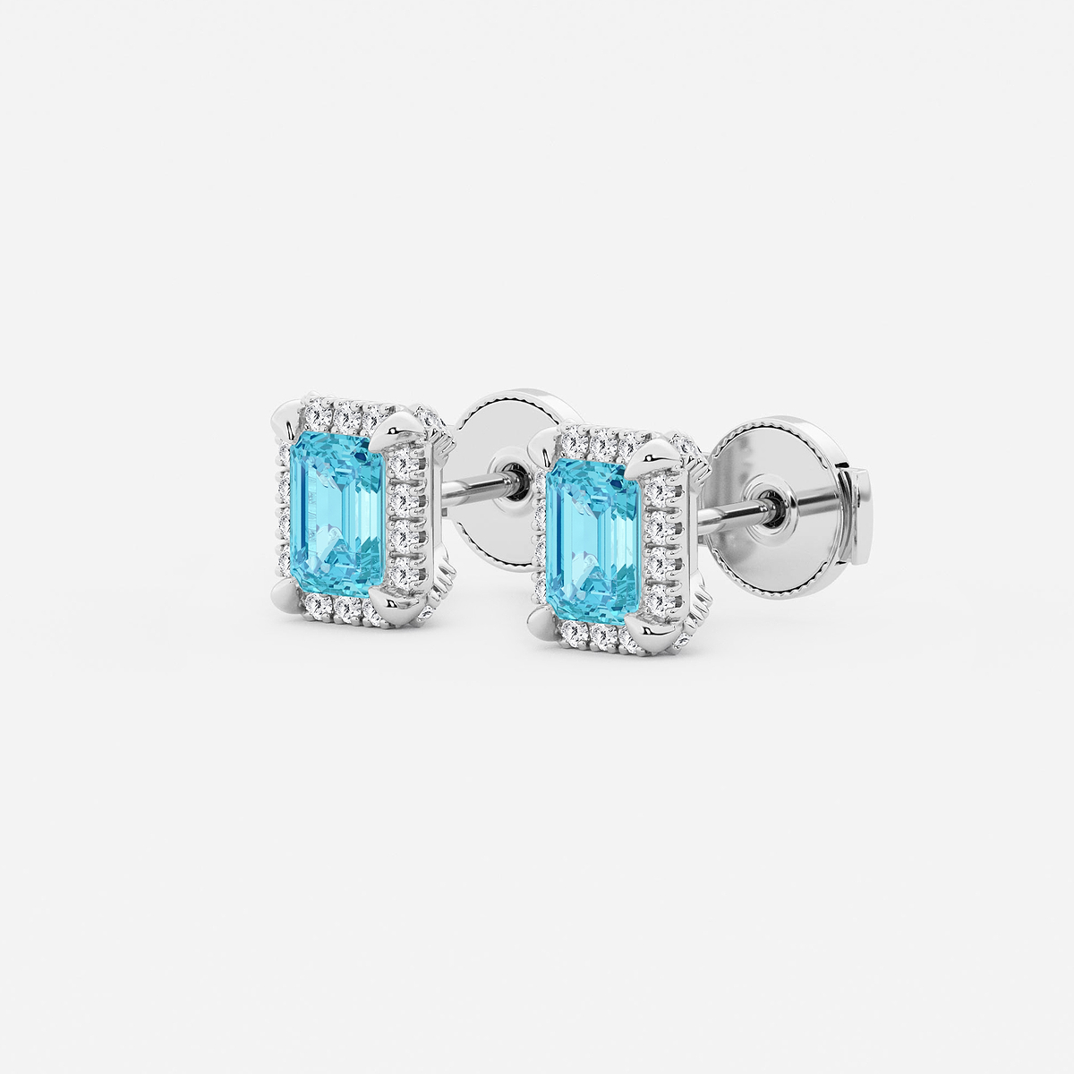 Additional Image 1 for  6x4 mm Emerald Cut Created Blue Topaz and 1/4 ctw Round Lab Grown Diamond Shadow Halo Stud Earrings