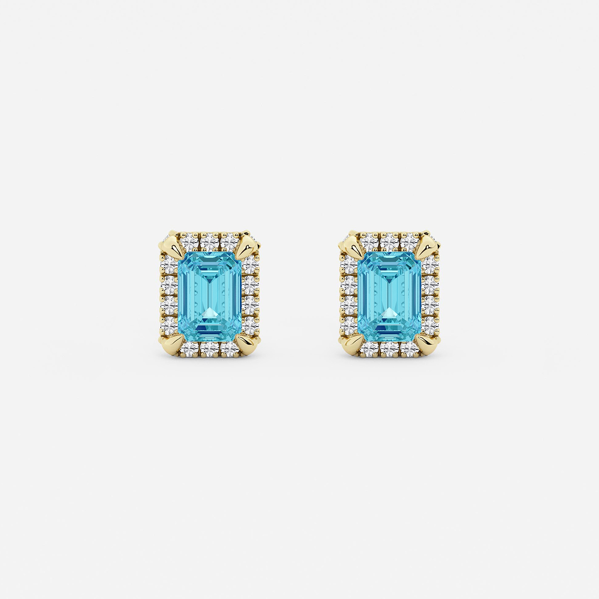 6x4 mm Emerald Cut Created Blue Topaz and 1/4 ctw Round Lab Grown Diamond Shadow Halo Stud Earrings