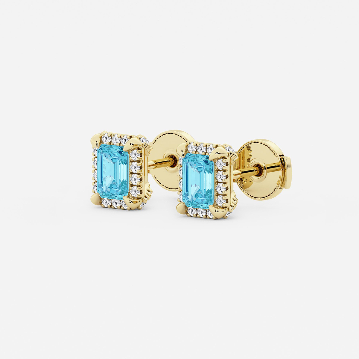 Additional Image 1 for  6x4 mm Emerald Cut Created Blue Topaz and 1/4 ctw Round Lab Grown Diamond Shadow Halo Stud Earrings