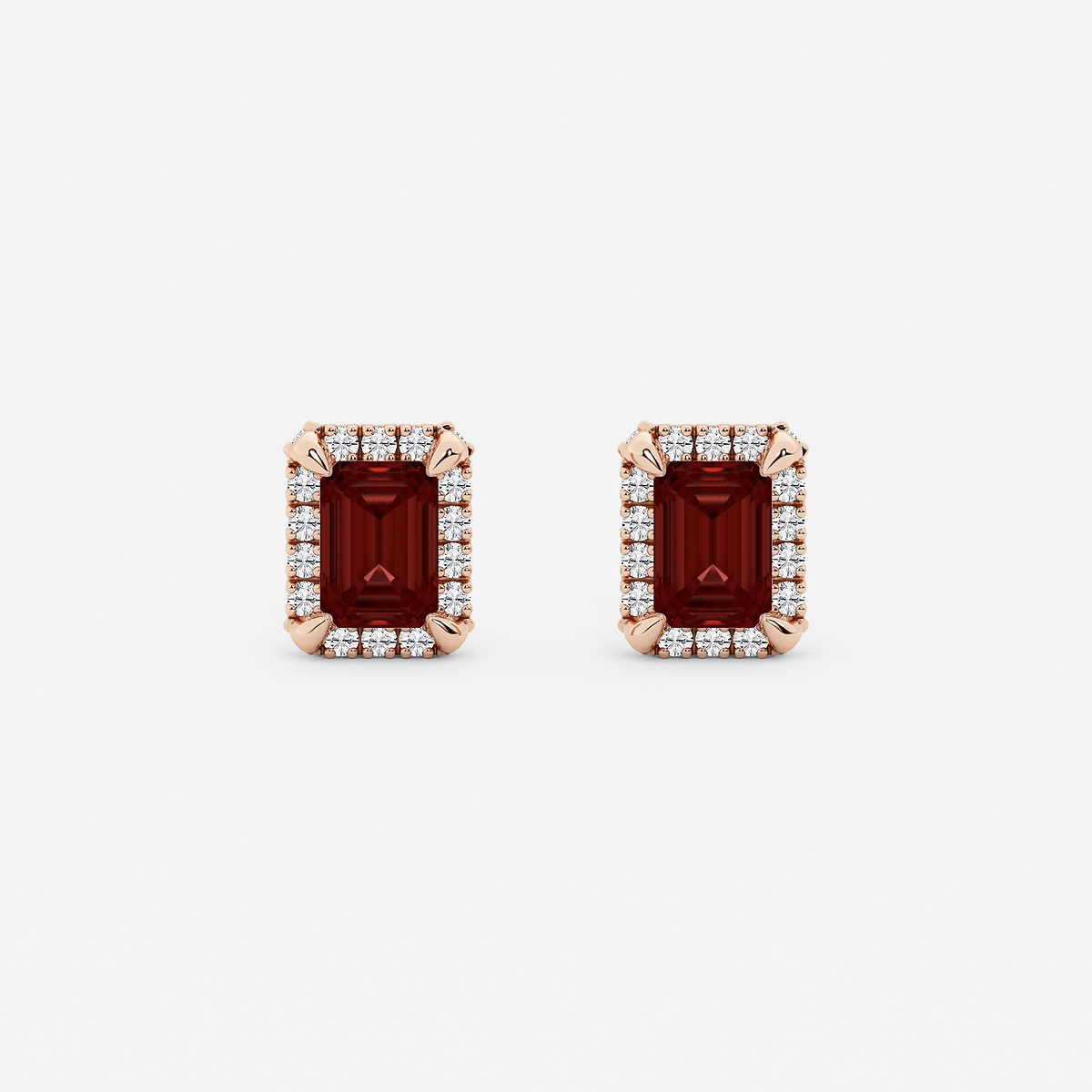6x4 mm Emerald Cut Created Garnet and 1/4 ctw Round Lab Grown Diamond Shadow Halo Stud Earrings