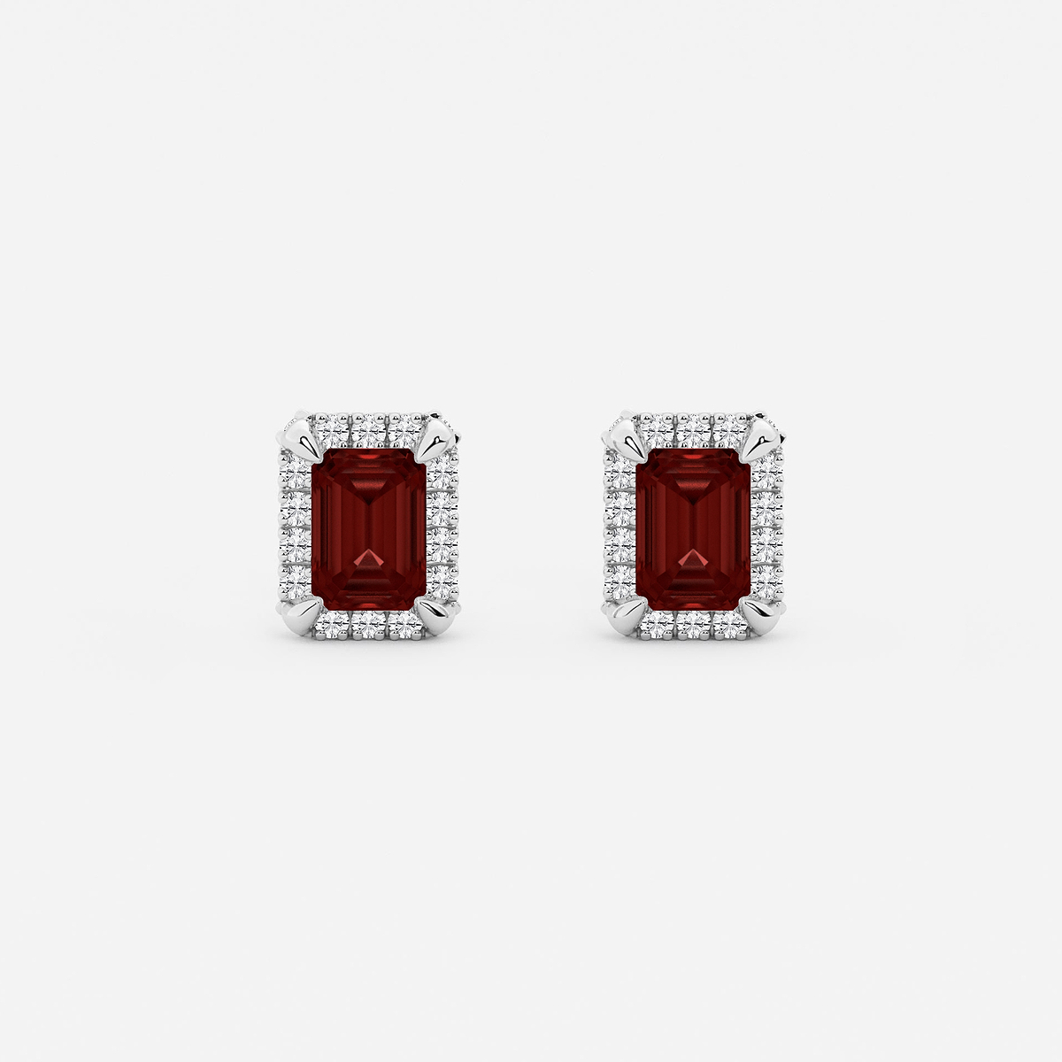 6x4 mm Emerald Cut Created Garnet and 1/4 ctw Round Lab Grown Diamond Shadow Halo Stud Earrings