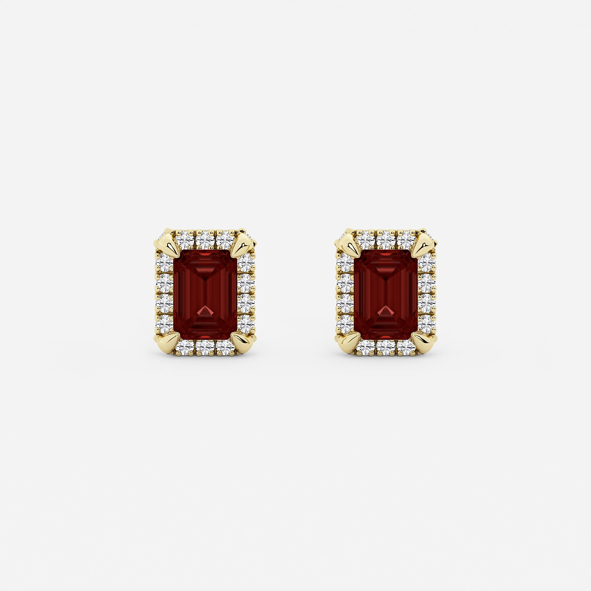 6x4 mm Emerald Cut Created Garnet and 1/4 ctw Round Lab Grown Diamond Shadow Halo Stud Earrings
