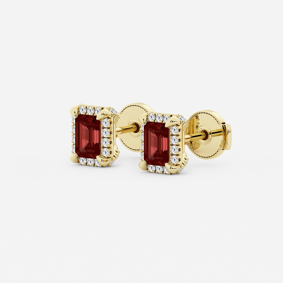 Additional Image 1 for  6x4 mm Emerald Cut Created Garnet and 1/4 ctw Round Lab Grown Diamond Shadow Halo Stud Earrings