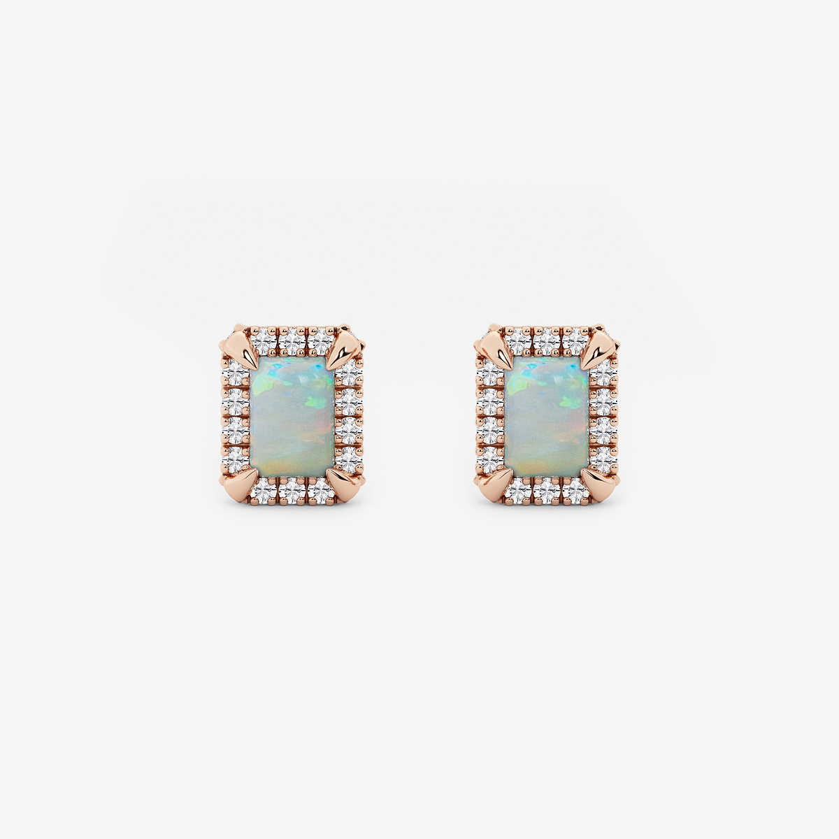 6x4 mm Emerald Cut Created Opal and 1/4 ctw Round Lab Grown Diamond Shadow Halo Stud Earrings