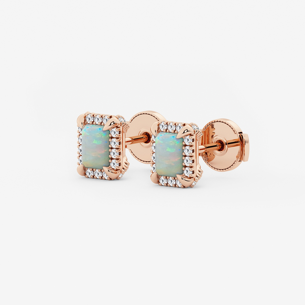 Additional Image 1 for  6x4 mm Emerald Cut Created Opal and 1/4 ctw Round Lab Grown Diamond Shadow Halo Stud Earrings