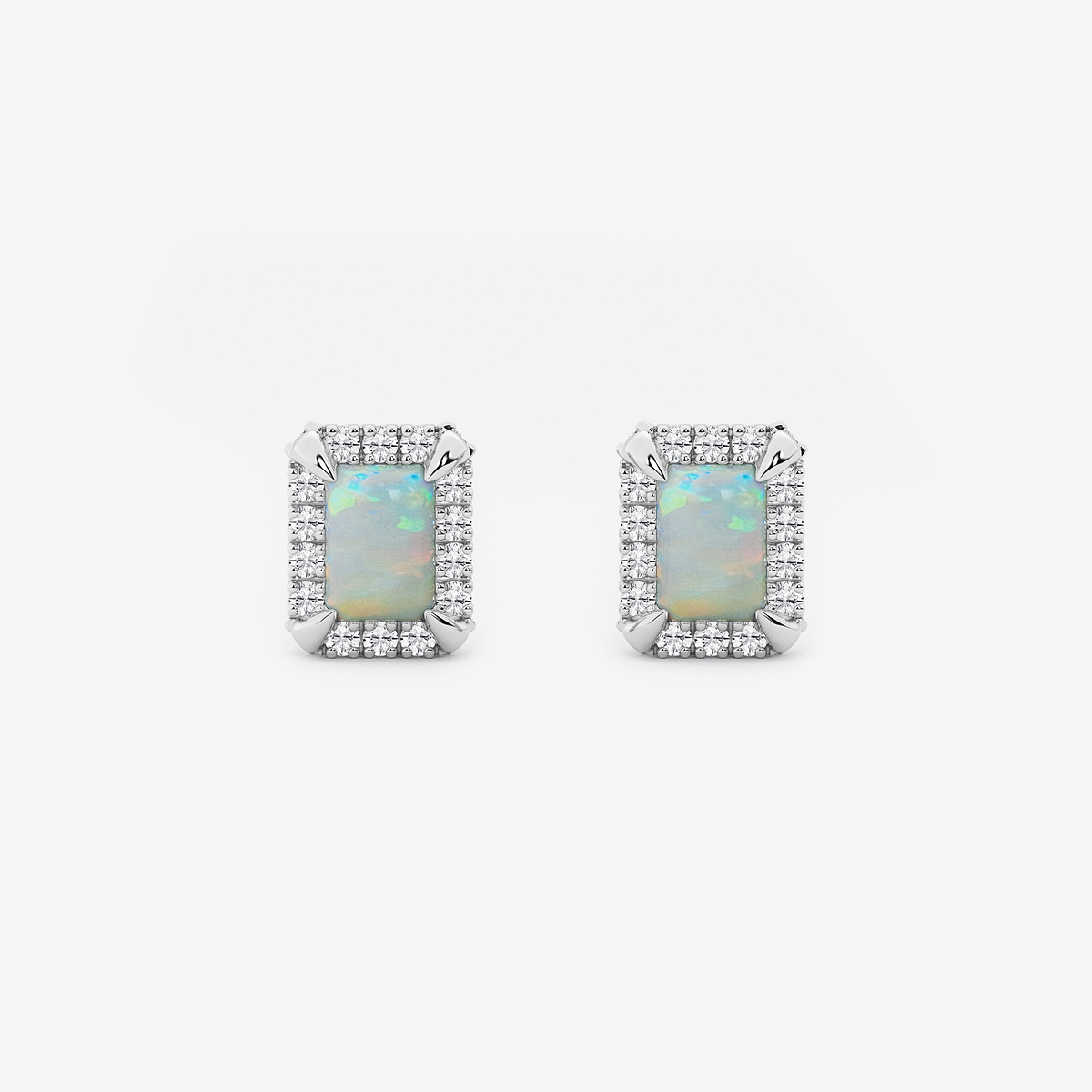 6x4 mm Emerald Cut Created Opal and 1/4 ctw Round Lab Grown Diamond Shadow Halo Stud Earrings