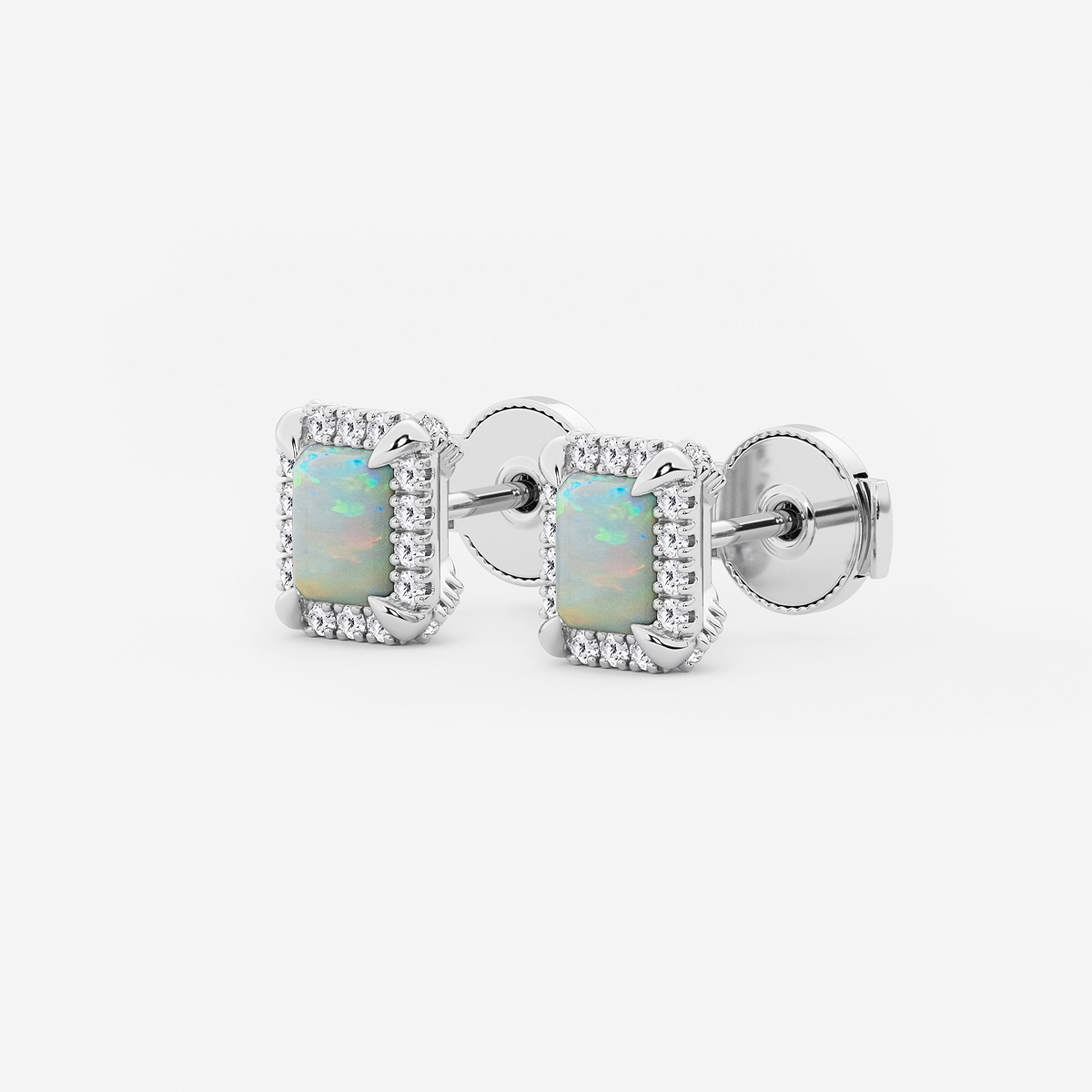 Additional Image 1 for  6x4 mm Emerald Cut Created Opal and 1/4 ctw Round Lab Grown Diamond Shadow Halo Stud Earrings