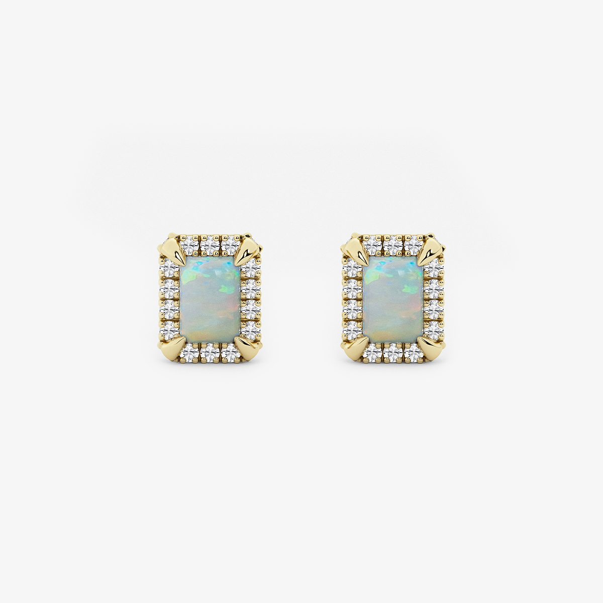 6x4 mm Emerald Cut Created Opal and 1/4 ctw Round Lab Grown Diamond Shadow Halo Stud Earrings