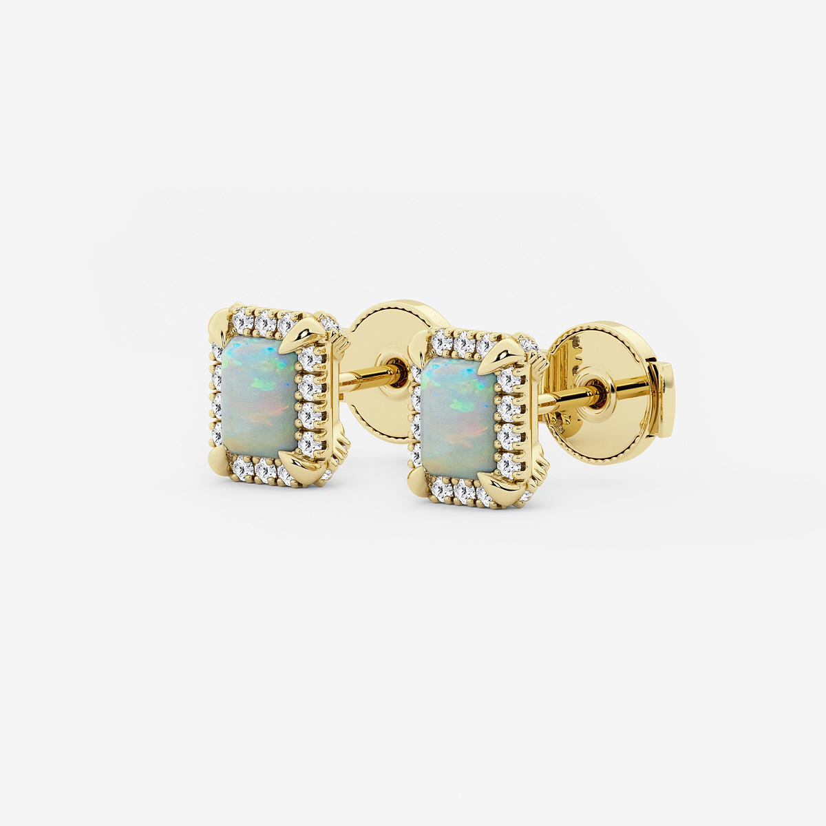 Additional Image 1 for  6x4 mm Emerald Cut Created Opal and 1/4 ctw Round Lab Grown Diamond Shadow Halo Stud Earrings