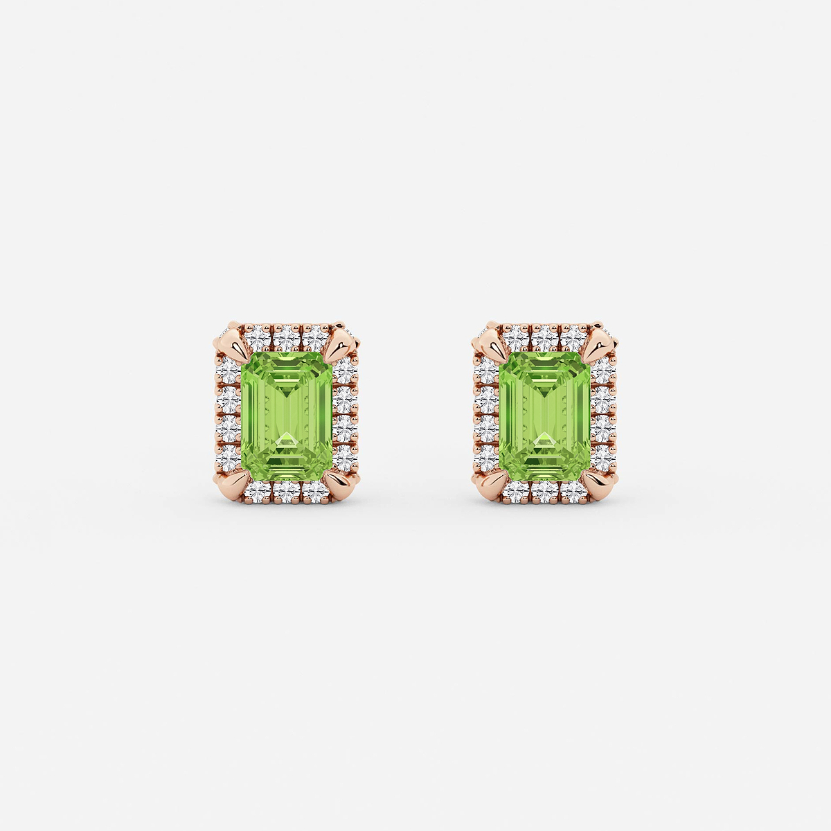 6x4 mm Emerald Cut Created Peridot and 1/4 ctw Round Lab Grown Diamond Shadow Halo Stud Earrings
