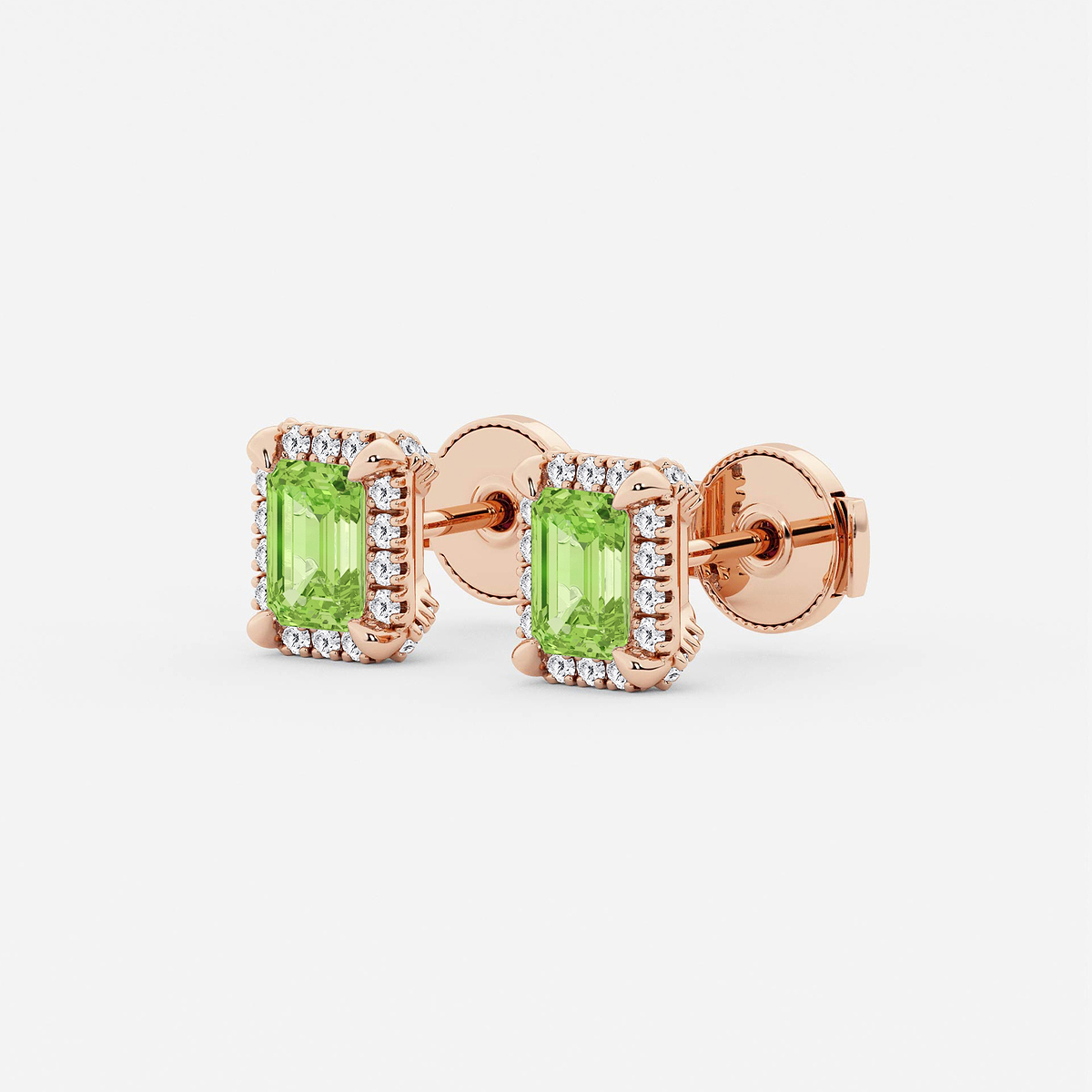 Additional Image 1 for  6x4 mm Emerald Cut Created Peridot and 1/4 ctw Round Lab Grown Diamond Shadow Halo Stud Earrings