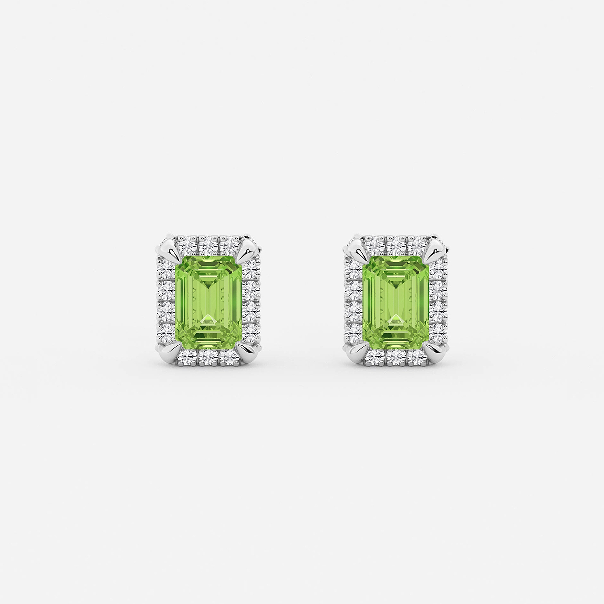 6x4 mm Emerald Cut Created Peridot and 1/4 ctw Round Lab Grown Diamond Shadow Halo Stud Earrings