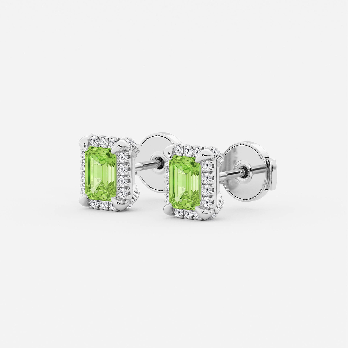Additional Image 1 for  6x4 mm Emerald Cut Created Peridot and 1/4 ctw Round Lab Grown Diamond Shadow Halo Stud Earrings