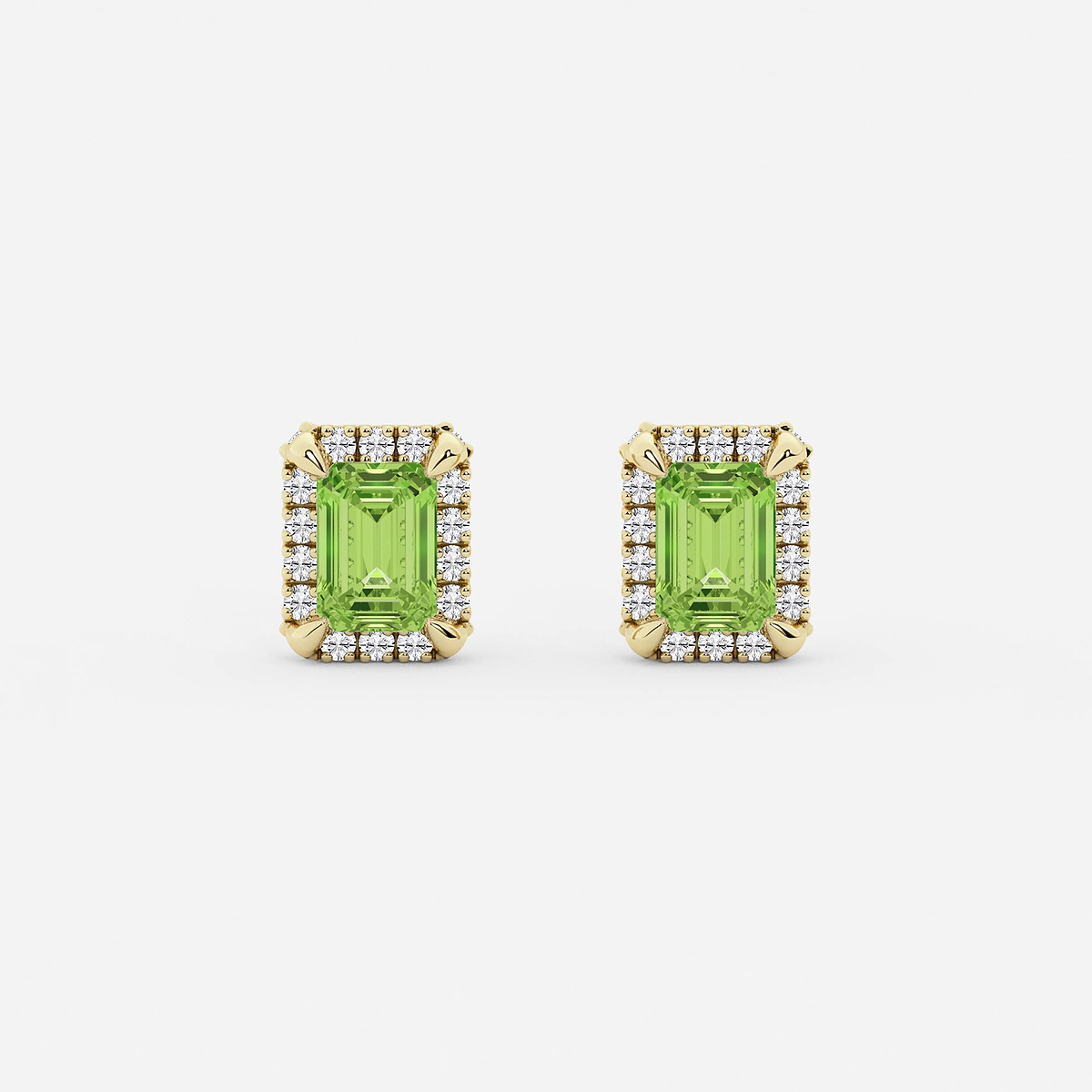 6x4 mm Emerald Cut Created Peridot and 1/4 ctw Round Lab Grown Diamond Shadow Halo Stud Earrings