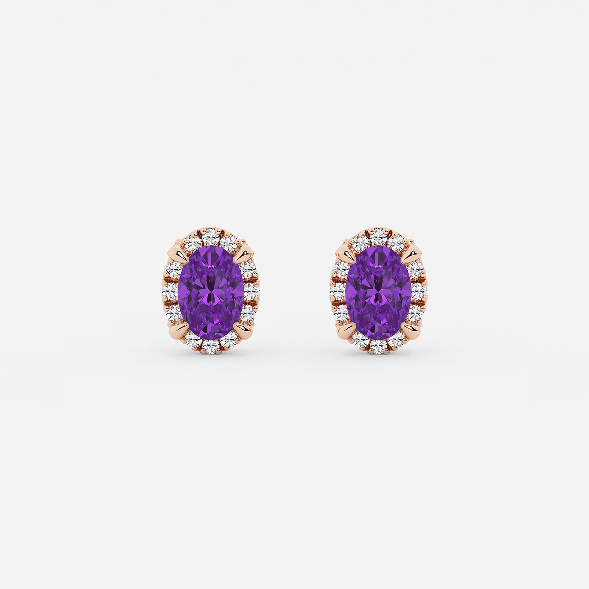 6x4 mm Oval Created Amethyst and 1/4 ctw Round Lab Grown Diamond Shadow Halo Stud Earrings