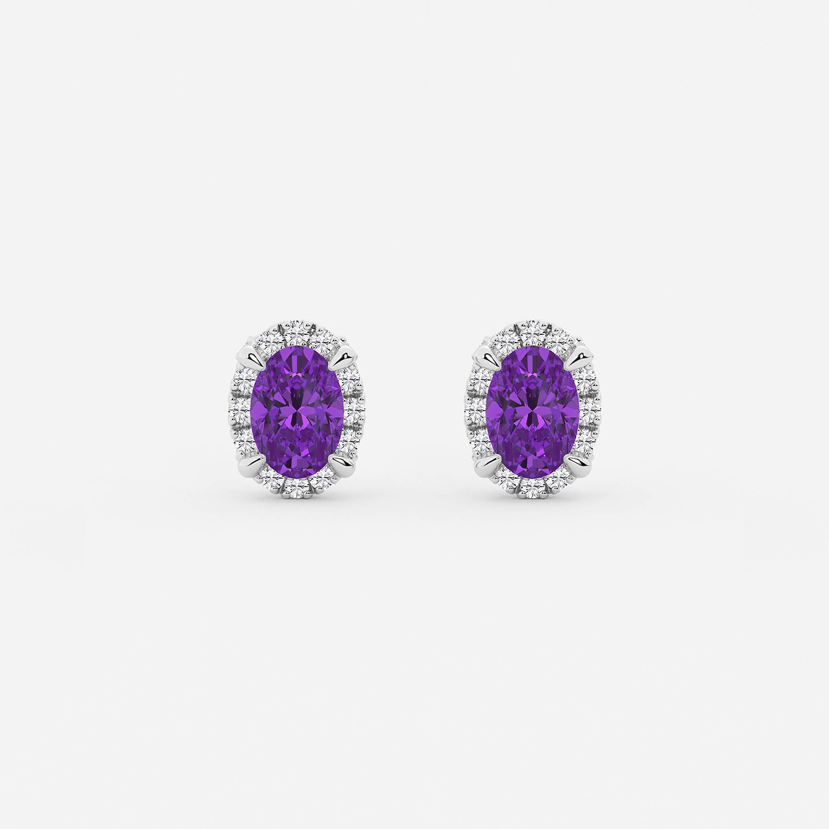 6x4 mm Oval Created Amethyst and 1/4 ctw Round Lab Grown Diamond Shadow Halo Stud Earrings
