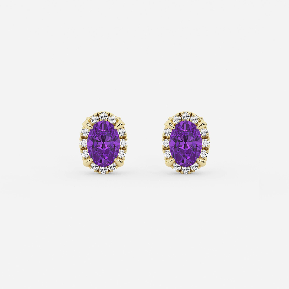 6x4 mm Oval Created Amethyst and 1/4 ctw Round Lab Grown Diamond Shadow Halo Stud Earrings