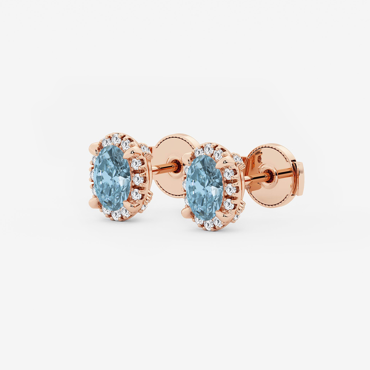 Additional Image 1 for  6x4 mm Oval Created Aquamarine and 1/4 ctw Round Lab Grown Diamond Shadow Halo Stud Earrings