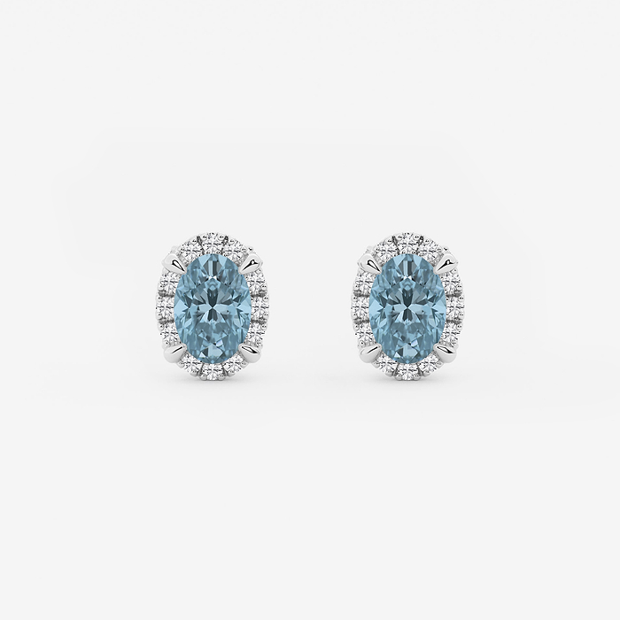 Aquamarine Oval Studs - 6x4 mm Oval Cut Aquamarine and 1/4 ctw Round Lab Grown Diamond Shadow Halo Stud Earrings