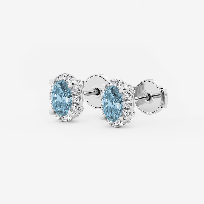 Aquamarine Oval Studs - 6x4 mm Oval Cut Aquamarine and 1/4 ctw Round Lab Grown Diamond Shadow Halo Stud Earrings