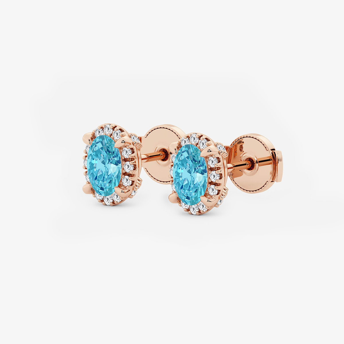 Additional Image 1 for  6x4 mm Oval Created Blue Topaz and 1/4 ctw Round Lab Grown Diamond Shadow Halo Stud Earrings