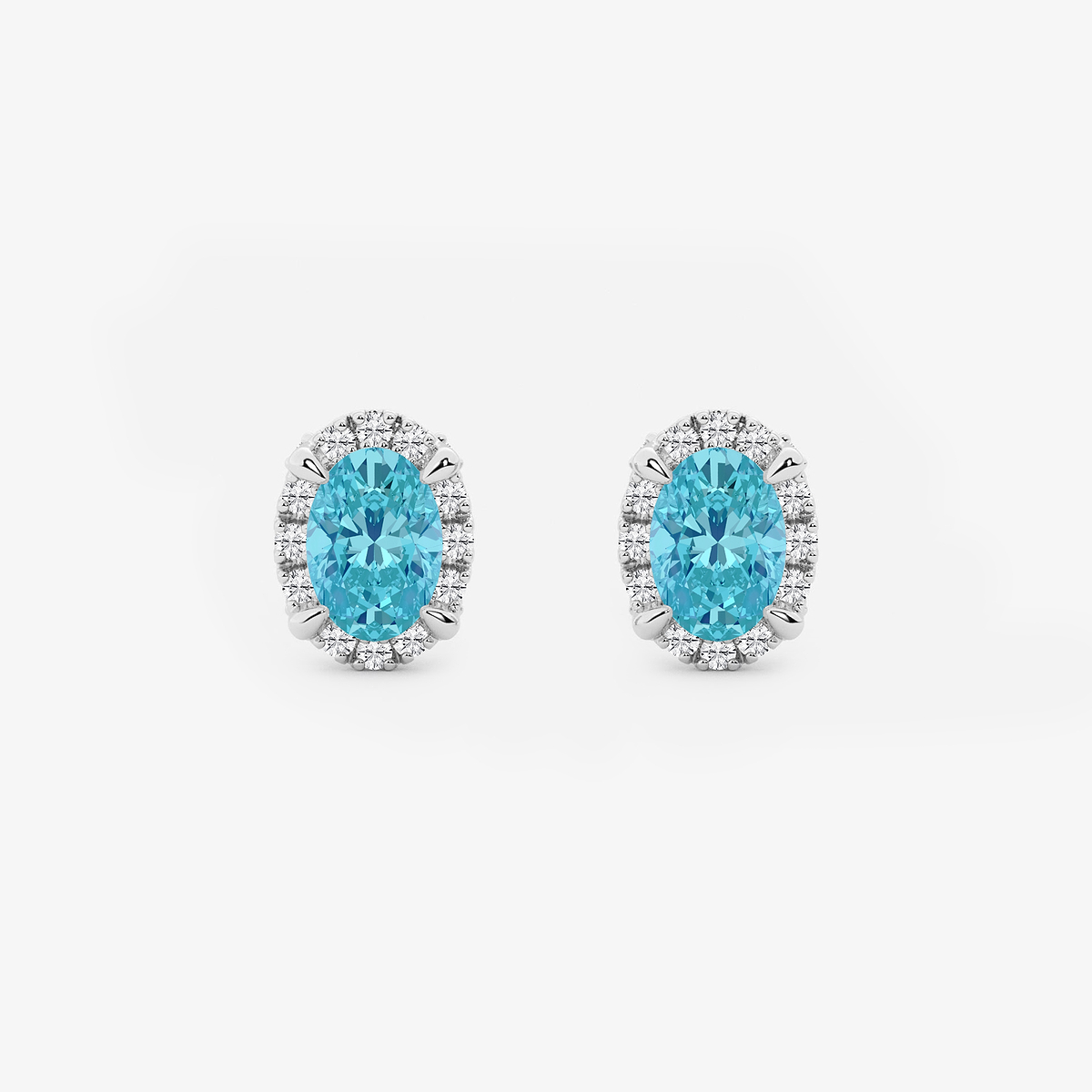 6x4 mm Oval Created Blue Topaz and 1/4 ctw Round Lab Grown Diamond Shadow Halo Stud Earrings
