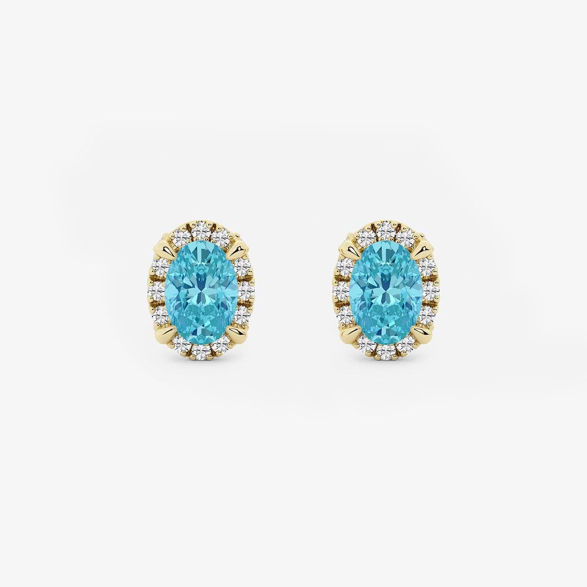 6.3x4.4 mm Oval Created Blue Topaz and 1/5 ctw Round Lab Grown Diamond Shadow Halo Stud Earrings 14K Yellow Gold
