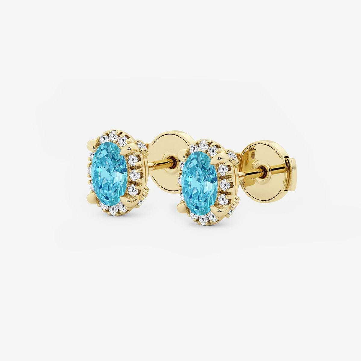 6.3x4.4 mm Oval Created Blue Topaz and 1/5 ctw Round Lab Grown Diamond Shadow Halo Stud Earrings 14K Yellow Gold