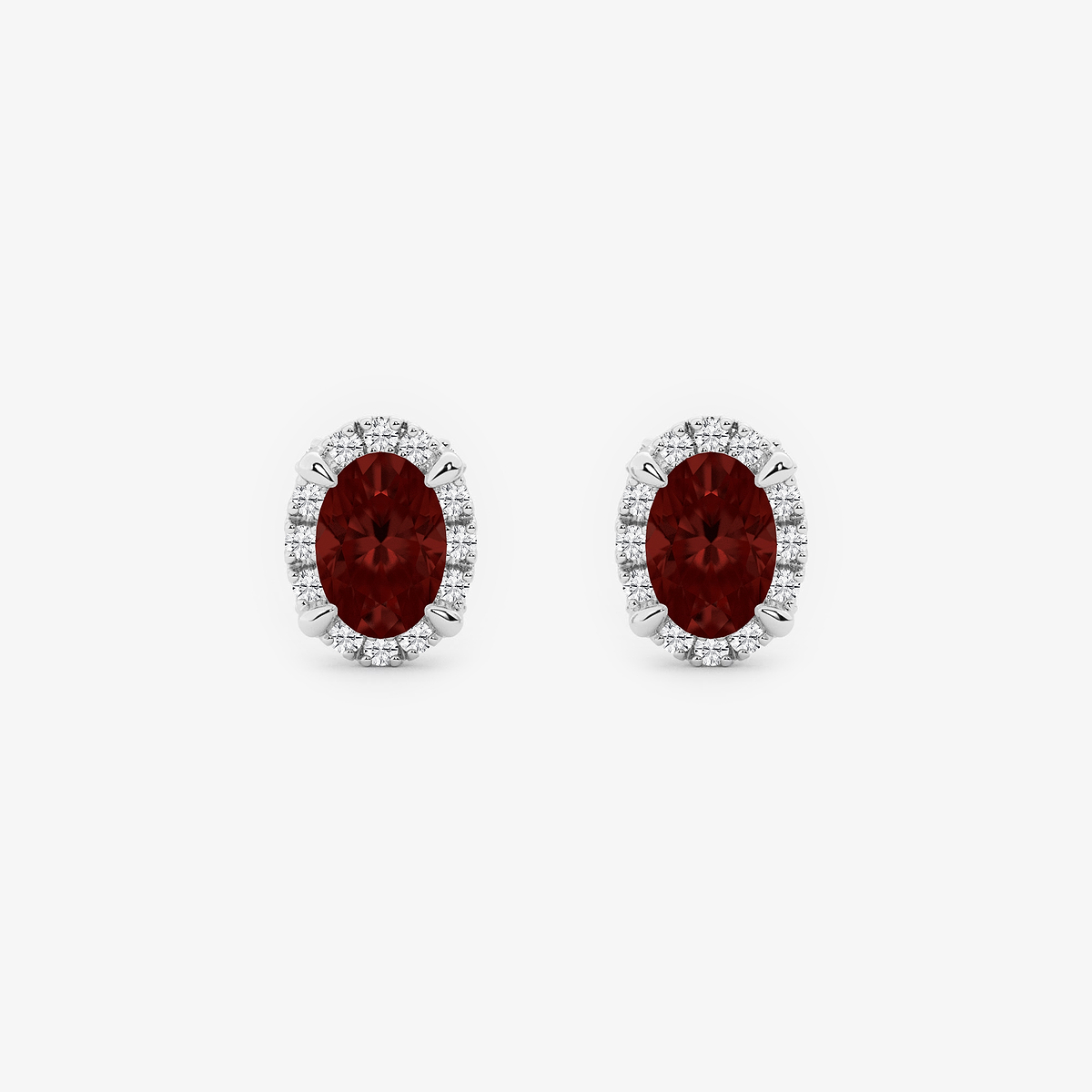 6x4 mm Oval Created Garnet and 1/4 ctw Round Lab Grown Diamond Shadow Halo Stud Earrings