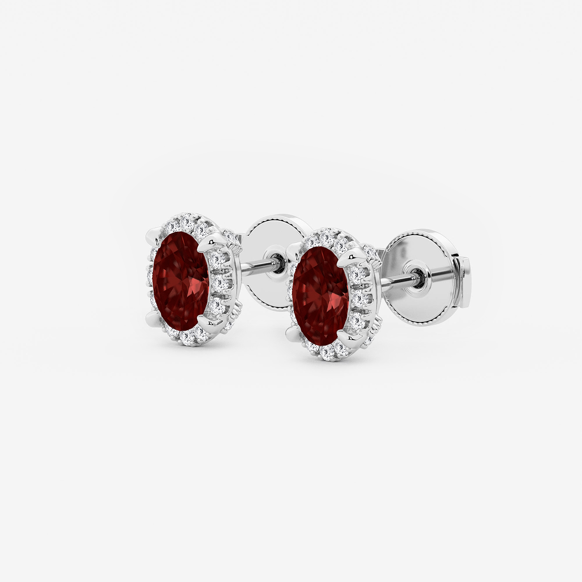 Additional Image 1 for  6x4 mm Oval Created Garnet and 1/4 ctw Round Lab Grown Diamond Shadow Halo Stud Earrings