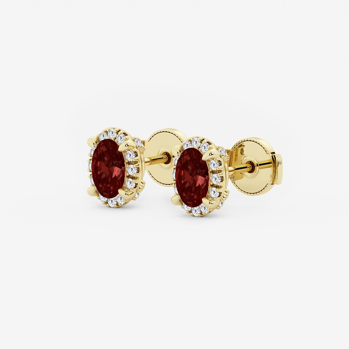 6.3x4.4 mm Oval Created Garnet and 1/5 ctw Round Lab Grown Diamond Shadow Halo Stud Earrings 14K Yellow Gold