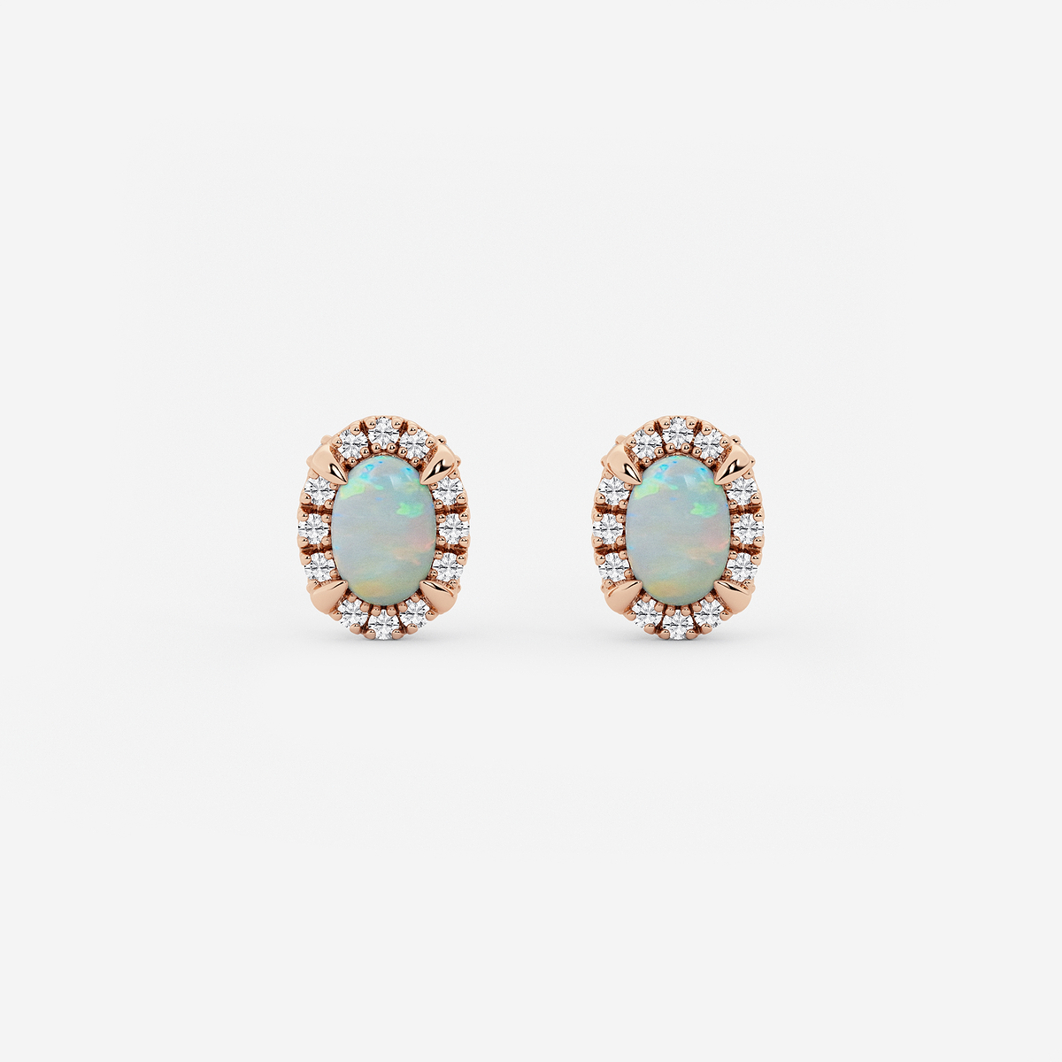 6x4 mm Oval Created Opal and 1/4 ctw Round Lab Grown Diamond Shadow Halo Stud Earrings