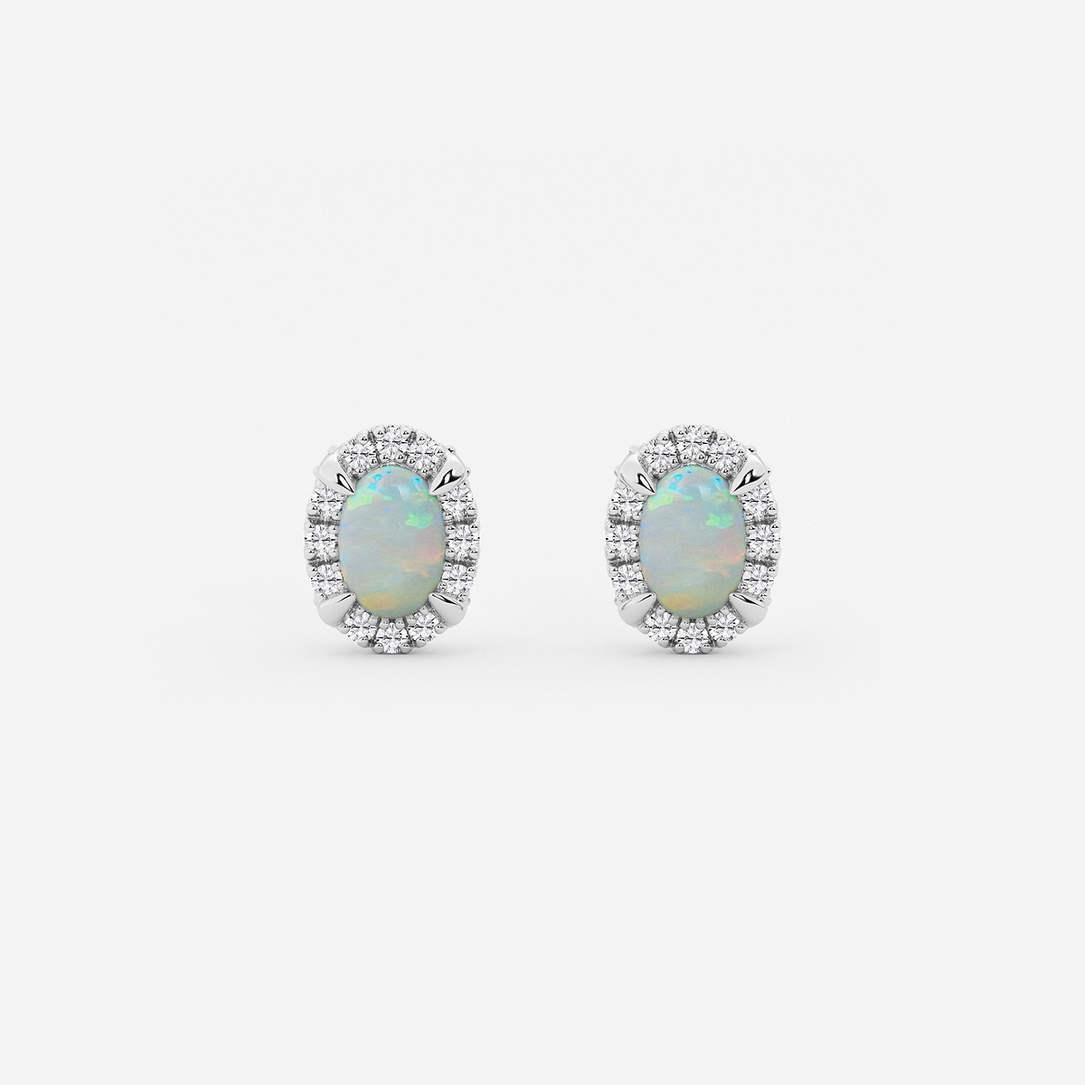 6x4 mm Oval Created Opal and 1/4 ctw Round Lab Grown Diamond Shadow Halo Stud Earrings