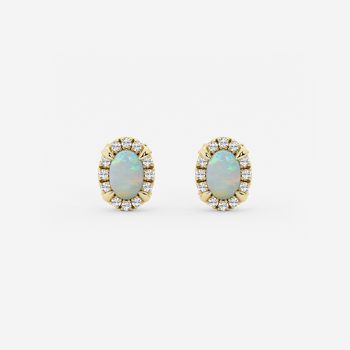 6.3x4.4 mm Oval Created Opal and 1/5 ctw Round Lab Grown Diamond Shadow Halo Stud Earrings 14K Yellow Gold
