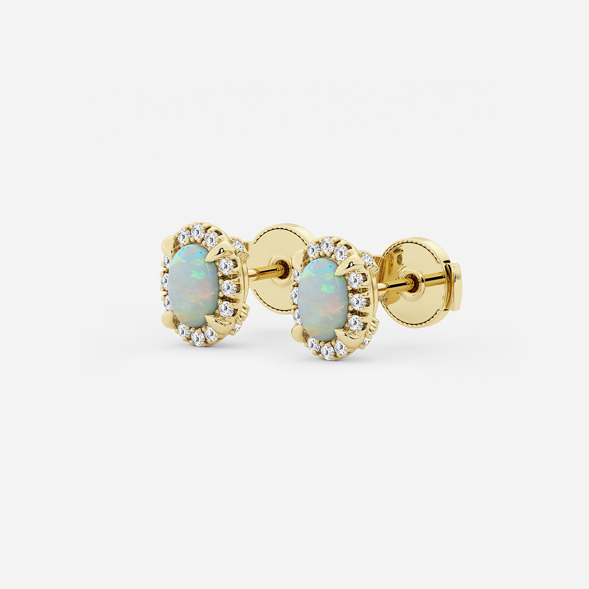 6.3x4.4 mm Oval Created Opal and 1/5 ctw Round Lab Grown Diamond Shadow Halo Stud Earrings 14K Yellow Gold