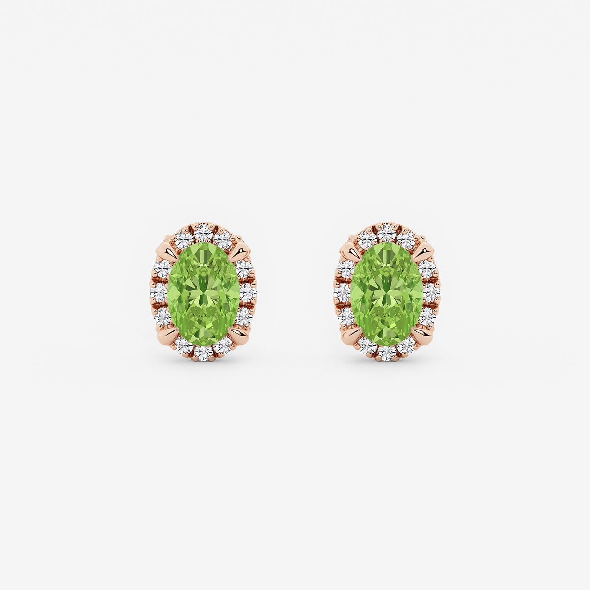 6x4 mm Oval Created Peridot and 1/4 ctw Round Lab Grown Diamond Shadow Halo Stud Earrings
