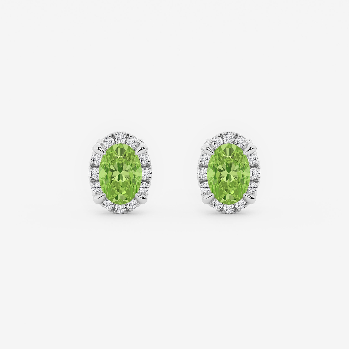 6x4 mm Oval Created Peridot and 1/4 ctw Round Lab Grown Diamond Shadow Halo Stud Earrings