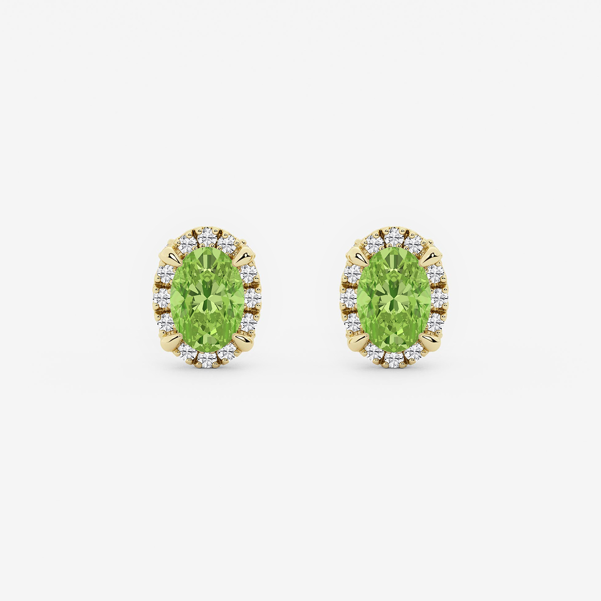 6x4 mm Oval Created Peridot and 1/4 ctw Round Lab Grown Diamond Shadow Halo Stud Earrings