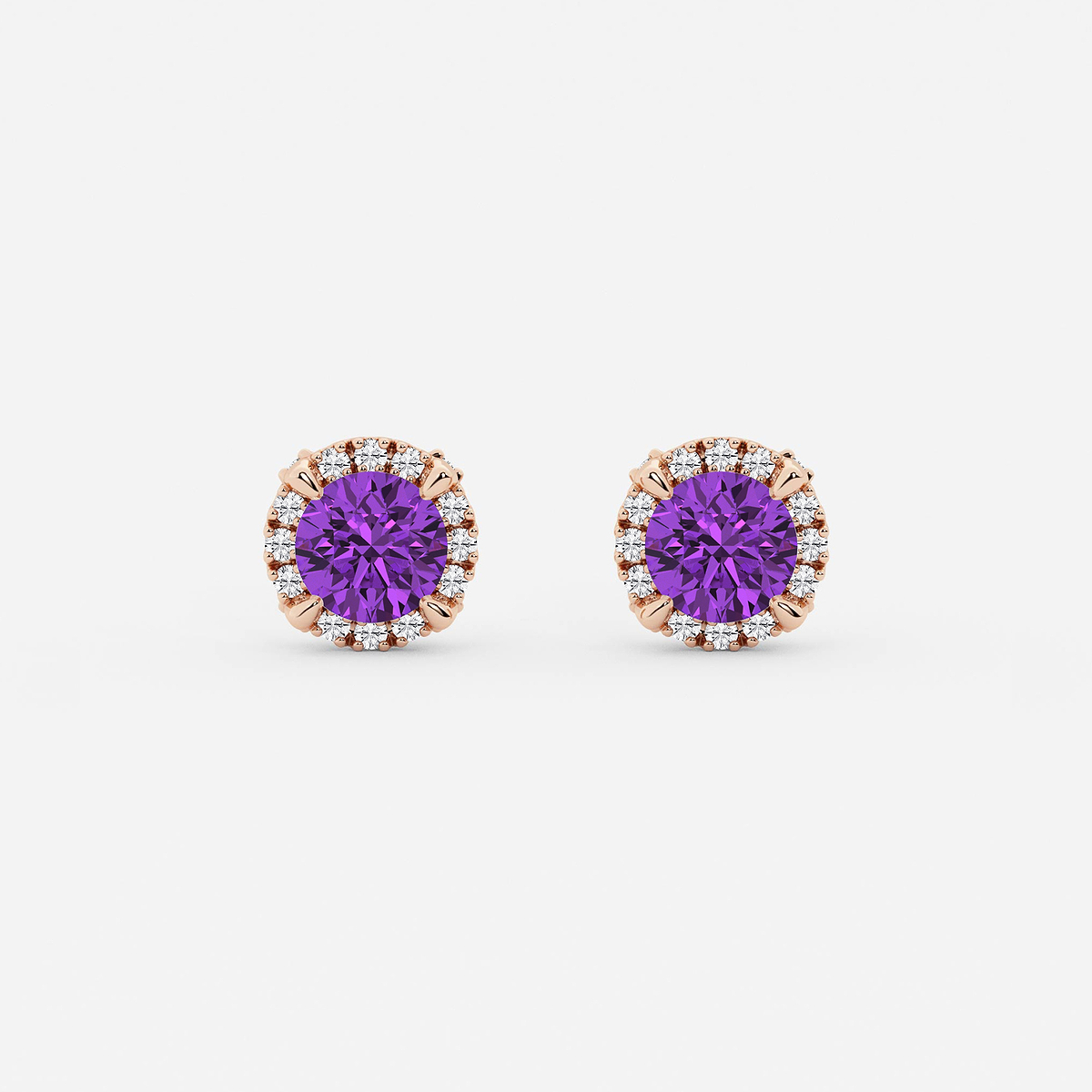 5.1 mm Round Created Amethyst and 1/4 ctw Round Lab Grown Diamond Shadow Halo Stud Earrings 14K Rose Gold