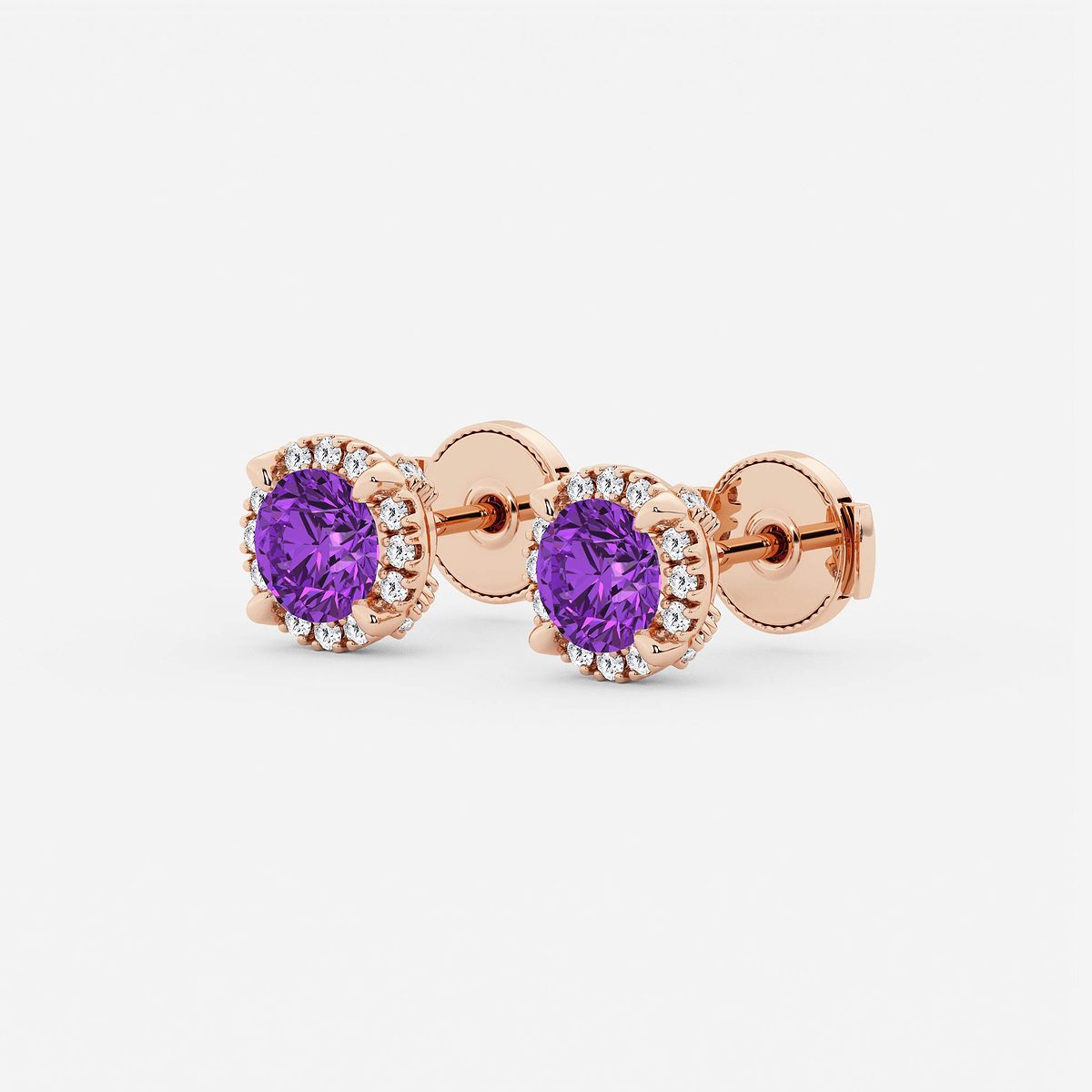 5.1 mm Round Created Amethyst and 1/4 ctw Round Lab Grown Diamond Shadow Halo Stud Earrings 14K Rose Gold